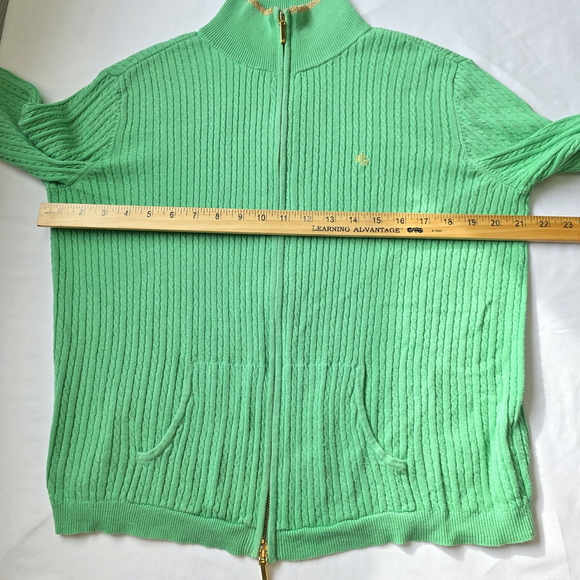 Quiet Luxury Ralph Lauren Zip Cardigan Women’s L Mint Green Gold Trim Resort... - Picture 8 of 13